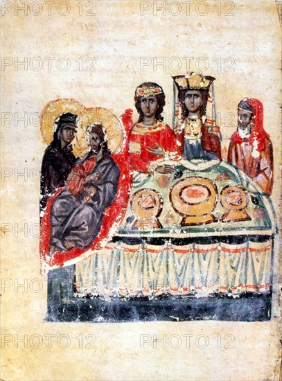 Armenian Christian illustrated manuscript showing the Feast of Cana; the Bible story of the Marriage at Cana, a wedding banquet at which Jesus converts water to wine; 13th century