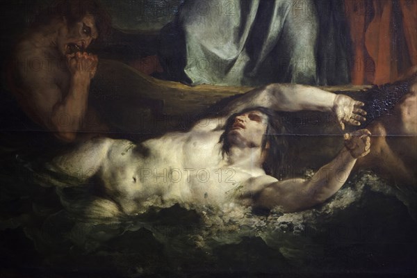 Damned depicted in the detail of the painting 'The Barque of Dante', also known as 'Dante and Virgil in Hell' by French Romantic painter Eugène Delacroix (1822) on display at his retrospective exhibition in the Louvre Museum in Paris, France. The exhibition presenting the masterpieces of the leader of French Romanticism runs till 23 July 2018.