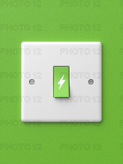 3d rendered front view of a single green light switch with a power symbol in the off position on a green background.