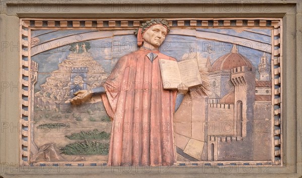 Dante Alighieri is represented in many plates along the streets of Florence, Societa Dante Alighieri Cultural Society Building, Tuscany, Italy