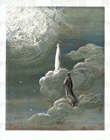 Beatrice and Dante Rising to the Fifth Heaven, by Gustave Doré, 1832 - 1883, French. Engraving for the Divine Comedy, Divina Commedia, by Dante Alighieri. 1870, Art, Artist, Romanticism, Colour, Color Engraving