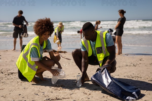 Volunteers cleaning beach on a sunny day