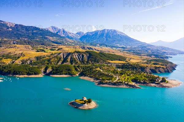 Aerial landscape with Serre-Poncon Lake and Alps, France