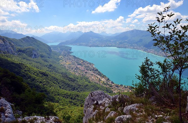 A panoramic view on the Lake Annecy from mont Veyrier to mont Baron hiking track, France. Beautiful Alps mountain landscape