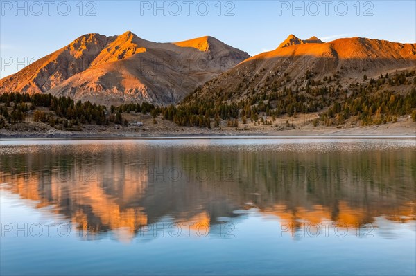 France - Provence - Haut Verdon - Mont Pelat is reflected in Lac Allos.