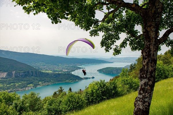 Paragliders with parapente jumping of the Col de Forclaz near Annecy in French Alps, in France.