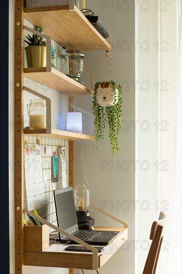 Small home office remote station, with laptop, houseplants, metallic board, candles and table lamp. Vertical shot.