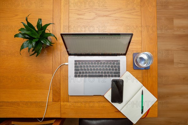 Working from home at a dining room table. Setup includes a MacBook Pro laptop, an iPhonpaper diary, glass of water and small houseplant.