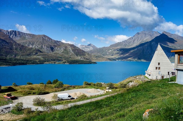 Summer view of the artificial Mont Cenis Lake, in the Savoy department near Lanslevillard, Rhone-Alpes, France near the italian border