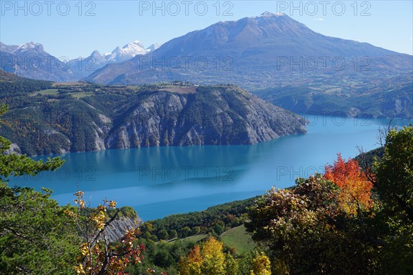 panoramic view of Serre Ponçon lake, France on a fall day