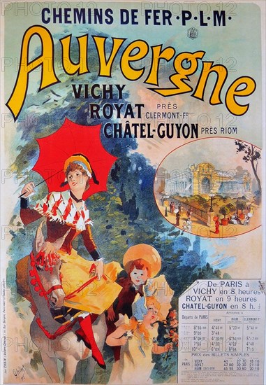 A vintage travel poster for trains to the Auvergne region France