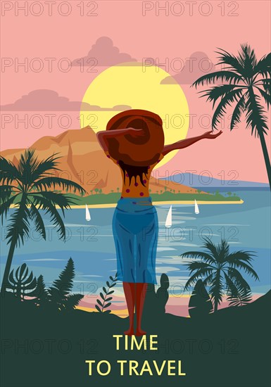 Woman on seaside resort in beachwear red hat enjoing rest. Vacation tropical palms exotic flora, sea, ocean. Vector illustration retro, vintage