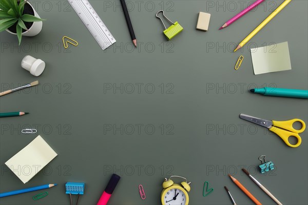 Back to school conceptual flat lay with different office supply objects