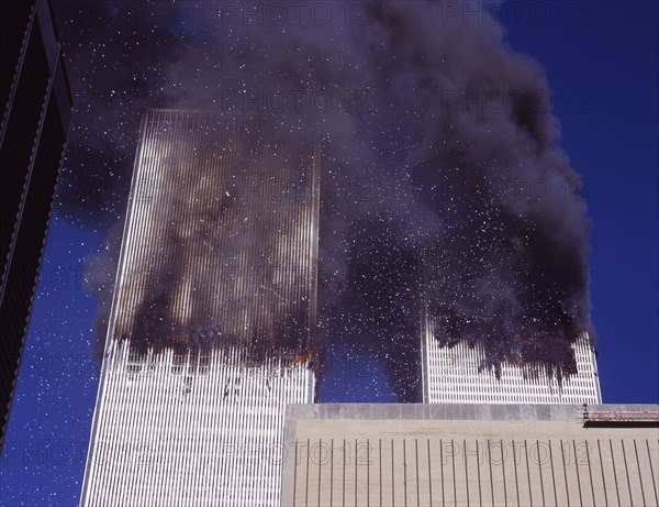 September 11 2001 the burning of the World Trade Center buildings as seen from east side of Manhattan