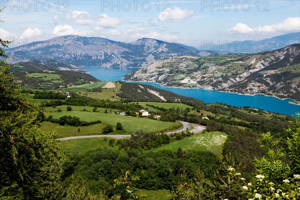 LAC DE SERRE PONCON WITH ITS BEAUTIFUL VALLEY, HAUTE PROVENCE, FRANCE