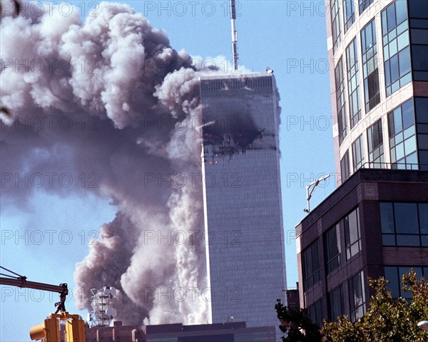 World Trade Center terrorism on September 11, 2001. Tower number two collapses