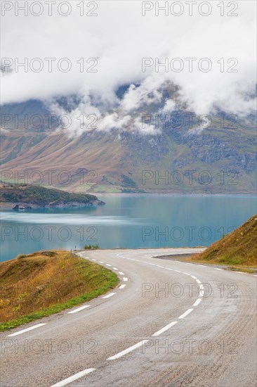 Curving road beside Lac du Mont Cenis, Savoie, France