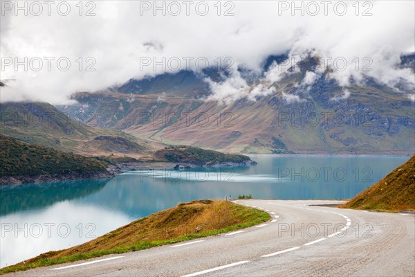 Curving road beside Lac du Mont Cenis, Savoie, France