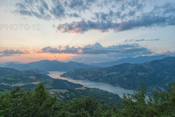 Lac de Serre Ponçon at sunset, taken from Saint-Vincent-les-Forts