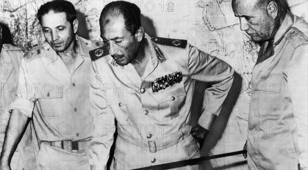 Egyptian President Anwar Sadat at military HQ during Egypt's attack on Israel during the October 1973 Arab-Israeli War