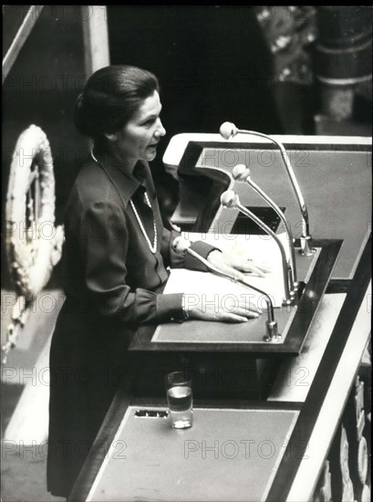 Nov. 26, 1974 - Minister of Public Affairs and Health Simone Veil came up to the podium at the National Assembly at Bourbon Palace this afternoon to defend her bill on abortion.