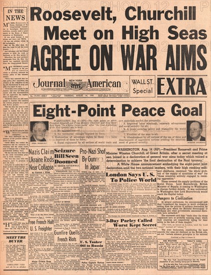 1941 New York Journal American front page reporting Winston Churchill and Roosevelt's Atlantic Charter talks