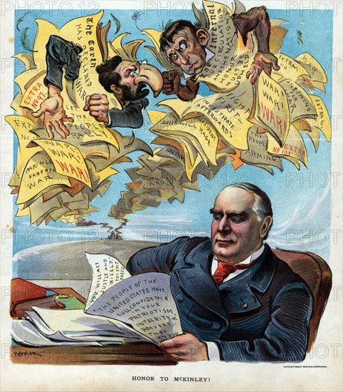 Honour to McKinley!' Joseph Pulitzer and a monkey, possibly meant to represent William R. Hearst, as editors of yellow journalism newspapers wrapped up in their papers with outrageous headlines, calling for a declaration of war, while President McKinley calmly reads a paper that states 'The People of the United States have full confidence in your Patriotism, Integrity, & Bravery. They know you will act justly and wisely: decent press'.