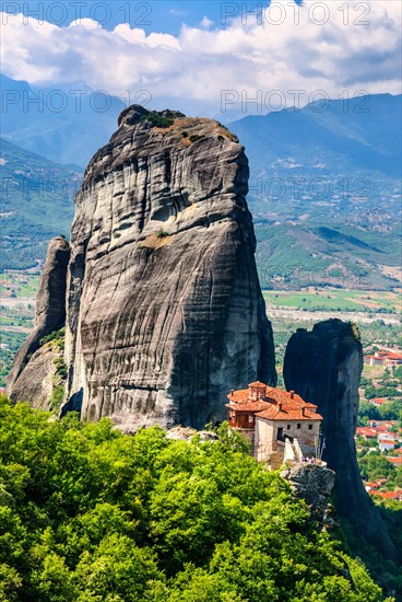 Meteora, Greece. Orthodox Roussanou Monastery on the rock Kalambaka in Thessaly greek landmark.