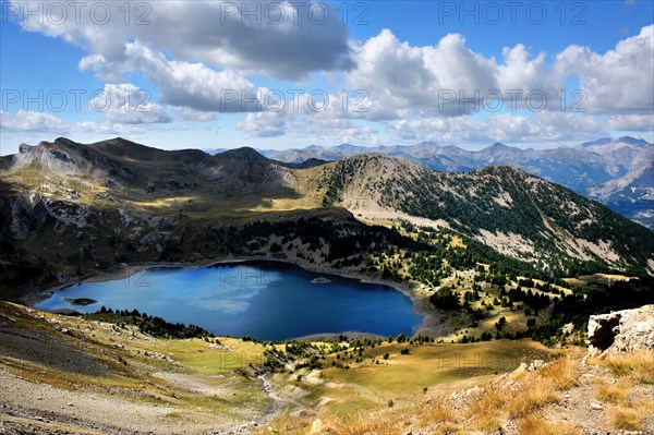 Panorama view with mountain lake Allos, French Alps, France