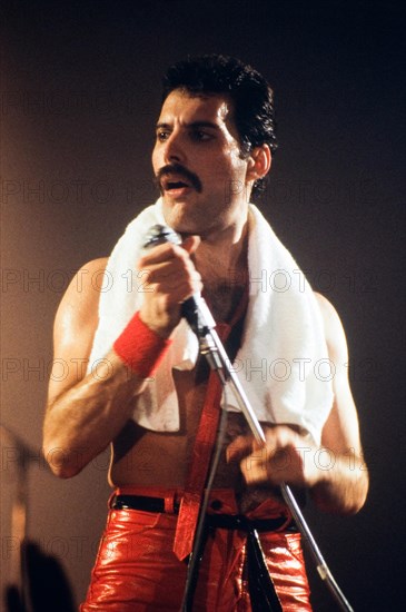 LEIDEN, THE NETHERLANDS - NOV 27, 1980: Freddy Mercury singer of the british band Queen during a concert in the Groenoordhallen