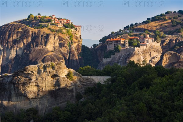 Meteora, Thessaly, Greece.  Varlaam monastery (left) and The Great Meteora monastery (right).