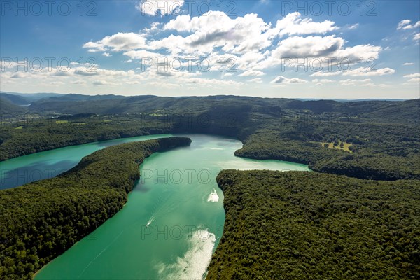 Aerial view, lake, Lac de Vouglans, lakes, wooded peninsula, green water, Cernon, France, Franche-Comte, France, Europe, Aerial