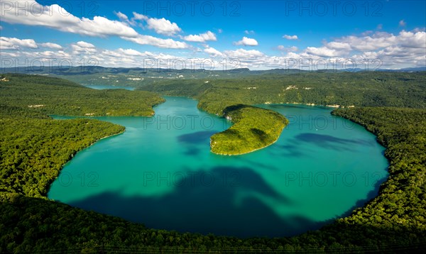 Aerial view, lake, Lac de Vouglans, lakes, wooded peninsula, green water, Cernon, France, Franche-Comte, France, Europe, Aerial