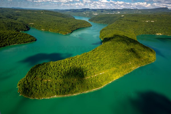 Aerial view, lake, Lac de Vouglans, lakes, wooded peninsula, green water, Cernon, France, Franche-Comte, France, Europe, Aerial