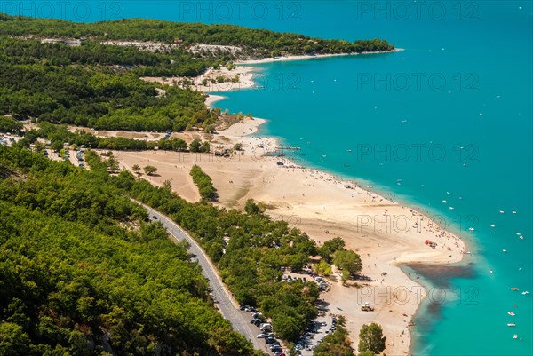 Aerial view of the lake of Sainte Croix in Provence (France) during the summer