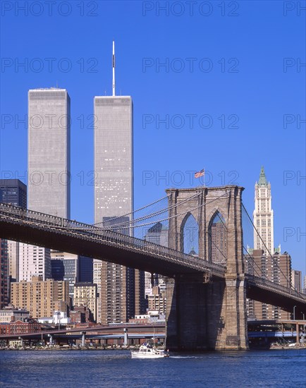 New York Trade Centre (destroyed 2001) and Brooklyn Bridge, Manhattan, New York, New York State, United States of America