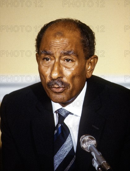 Anwar Sadat the President of Egypt conducts a press conference in the sitting room of the Blair House during his state visit to the White House in Washington DC., August 6, 1981. 
Photo by Mark Reinsteiin