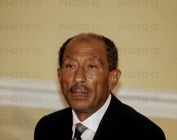 Anwar Sadat the President of Egypt conducts a press conference in the sitting room of the Blair House during his state visit to the White House in Washington DC., August 6, 1981. 
Photo by Mark Reinsteiin