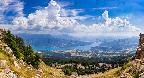 Elevated view of Serre-Poncon lake in summer from the Chabriere Needle. Alps, France