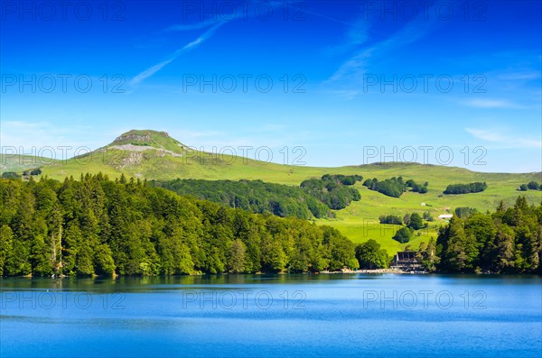 Landscape of Lake Pavin in Auvergne during a beautiful day, France