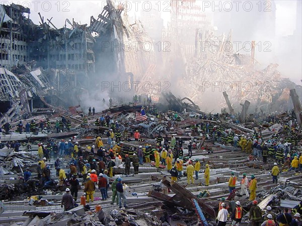 NEW YORK – A view of the pile at ground zero during recovery operations after the 9/11 terror attacks.  Following the attack, New York Governor George Pataki mobilized the entire New York National Guard for state active duty, with many Guardsmen and women responding to their armories or ground zero as they learned of the terror attack.  In the city alone, approximately 1,500 Citizen-Soldiers would be on duty by the end of the night of September 11, 2001 with another 1,500 preparing to move the next day.  Joining the New York National Guard’s 2nd Civil Support Team were elements of the 42nd Inf