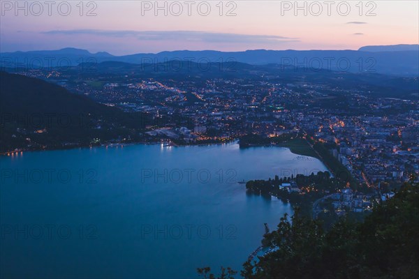 Annecy panoramic landscape, France, cityscape with night lights