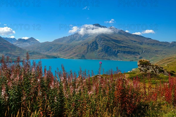 Col de Mont Cenis mountain pass between France and Italy with large lake, reservoir,