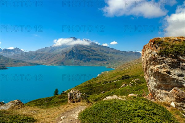 Col de Mont Cenis mountain pass between France and Italy with large lake, reservoir,