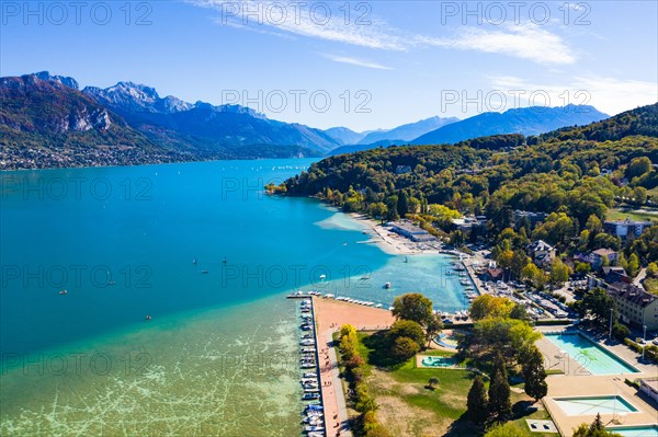 Aerial view of Annecy lake waterfront in France