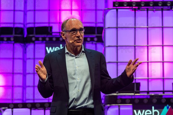 World Wide Web Inventor Tim Berners-Lee is seen addressing to the audience at Altice Arena Centre Stage in Lisbon during the opening ceremony of the Web Summit 2018.  The 10th edition of the Web Summit has begun in Lisbon. This is one of the largest technology conferences in the world and also a meeting point for the debate on technological evolution in people's lives. This year, around 70.000 participants are expected to attend the Web Summit.