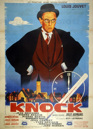 French film poster for 'Dr. Knock' (original title Knock) a French comedy film, from 1951, directed by Guy Lefranc, written by Georges Neveux, and starring by Louis Jouvet. It also features an unaccredited appearance by Louis de Funes. The movie is based on the 1923 theatre play Knock ou le Triomphe de la medicine (Knock or The Triumph of Medicine) by Jules Romains.