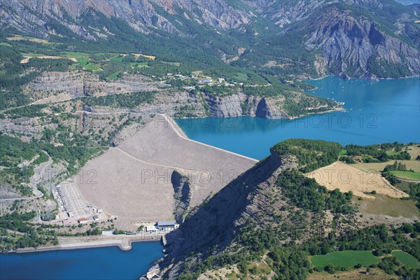 DAM OF LAKE SERRE-PONÇON; A WATER STORAGE FROM THE DURANCE & UBAYE RIVERS (aerial view). In Rousset (right bank) and La Bréole (left bank), France.