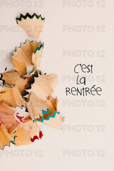 some fan-shaped shavings from pencil crayons of different colors and the text cest la rentree, back to school written in french, on a pale pink backgr