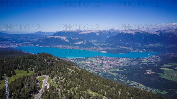 Annecy city, lake and castle from above, in southeastern France